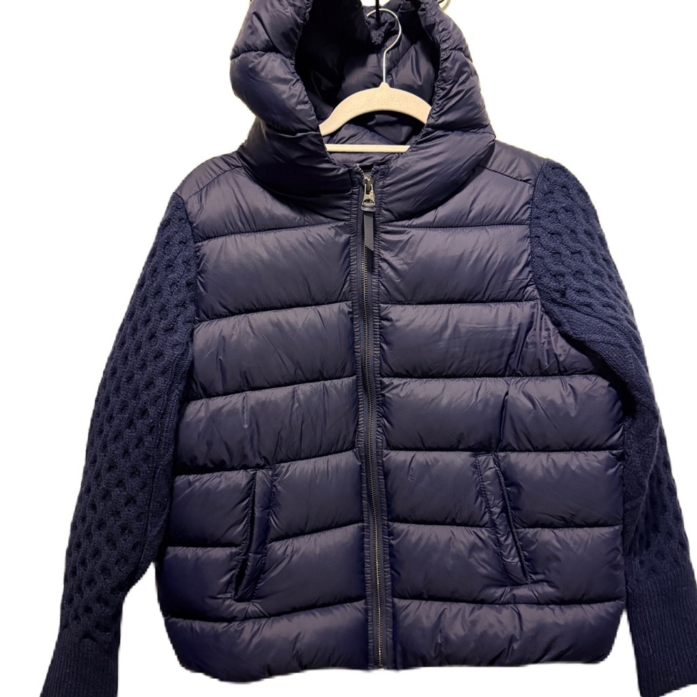 Rachel Zoe Puffer Jacket With Knit/Sweater Sleeves Size Small NWT Navy Blue
